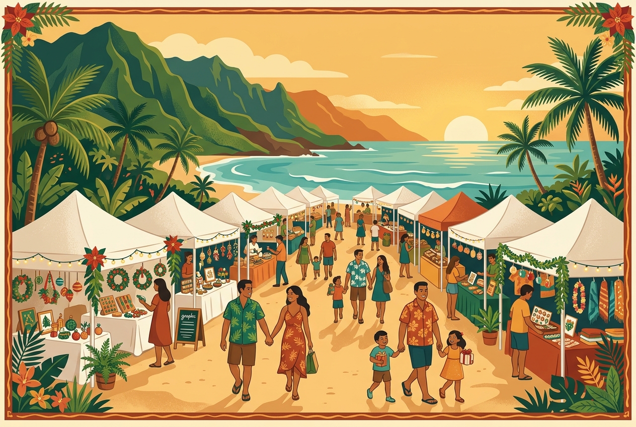 Illustration of the Kamalama Holiday Fair — vendor tents, string lights, and ʻohana by the ocean